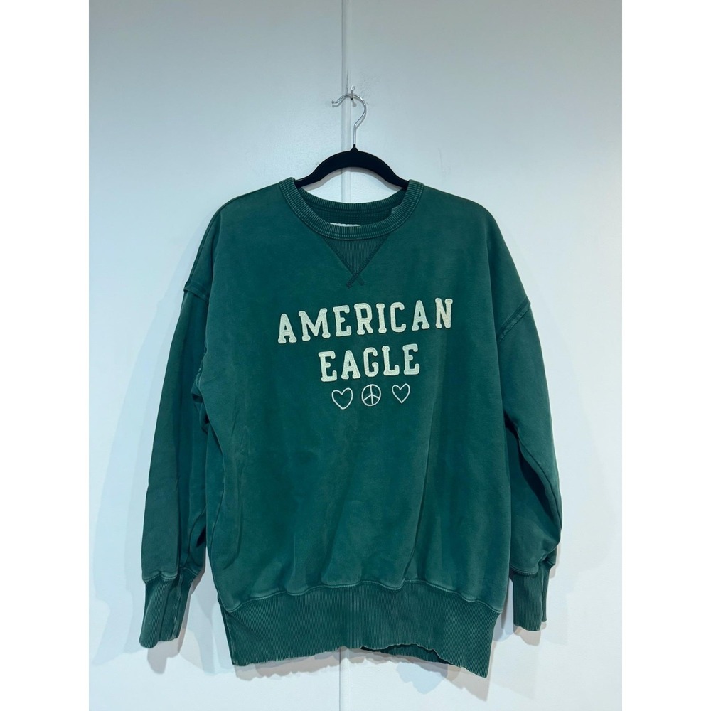 American Eagle Sweatshirt Womens XS Green Hearts Peace Graphic Fleece Pullover
